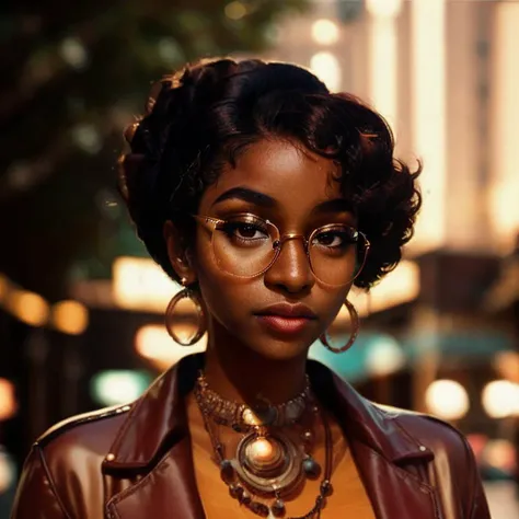 Model of an African Woman of Exceptional Beauty, with smooth ebony skin and a harmonious face. Ses grands yeux profonds expriment sagesse et chaleur, Her lips are sensual, and her curly black hair frames her face. She wears traditional African outfits with grace, exuding inspiring confidence and cultural pride