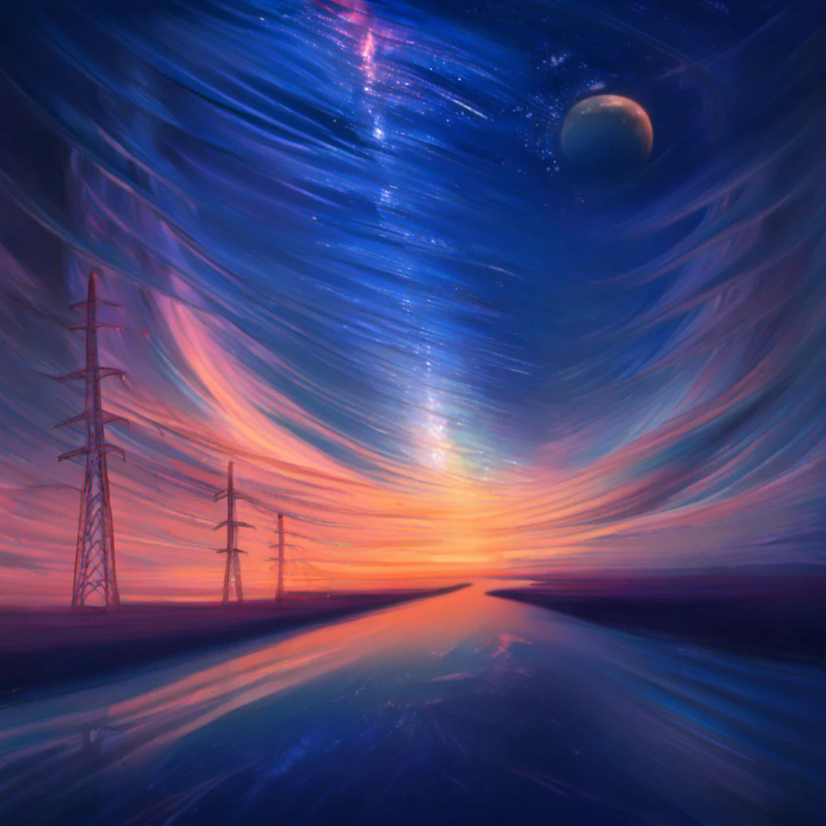 A gentle riven at sunset with a planet hanging lowly in the sky and a shooting star above power lines that stretch into the distance