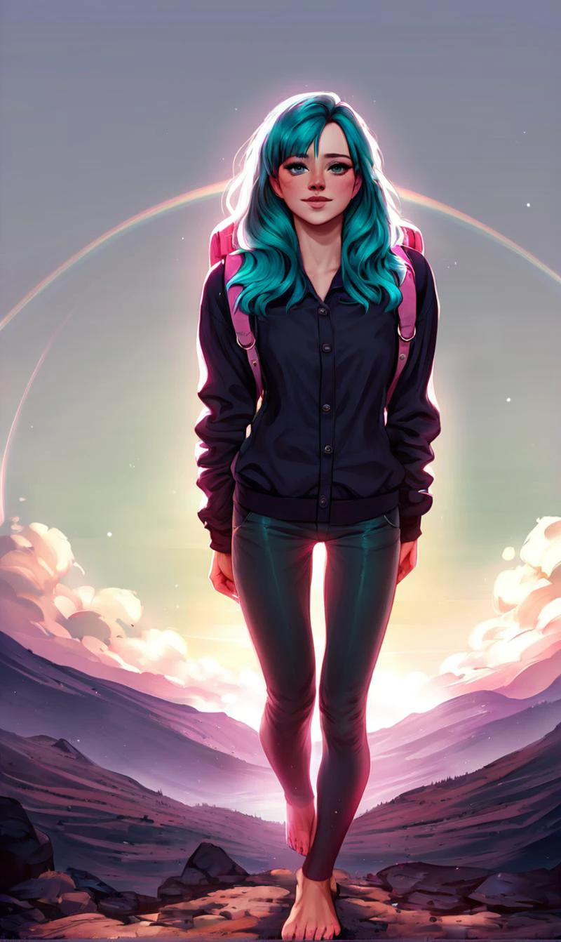 score_9, score_8_up, score_7_up,a realistic image, Alena Aenami style, (masterpiece: 1.1), (best quality: 1.1), dramatic lighting, studio portrait, face, close-up, 1girl, 22years old, dark blue eyes, pale skin, (dark wavy blue neck-length hair with high fade and teal streaks: 1.3), black bomber jacket, pouches, backpack over shoulder, <lora:epi_noiseoffset2:0.8>, <lora:aenami_v2:0.8>, shy smile, standing in a vast natural landscape, nature, beautiful scenery, <lora:Alena Aenami style_pxl_2:1>
