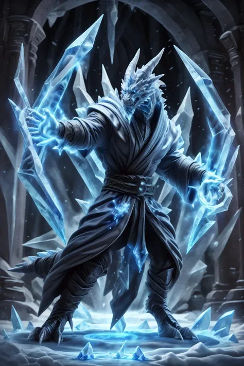 male,solo, dragon,muscular,magic,(sorcerer, sorcerer robes:1.2), silver grey body,metallic body, standing, inside, temple, wings, tail, <lora:Concept - Cryomancer:0.6> ice-flurry, ice-shard, snow,crystal,magic,cryokinesis,casting spell,dynamic pose, fighting stance
