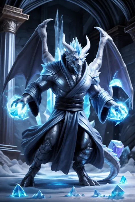 male,solo, dragon,muscular,magic,(sorcerer, sorcerer robes:1.1), silver grey body,metallic body, standing, inside, temple, wings, tail, <lora:Concept - Cryomancer:0.25> ice-flurry, ice-shard, snow,crystal,magic,cryokinesis,casting spell,dynamic pose, fighting stance