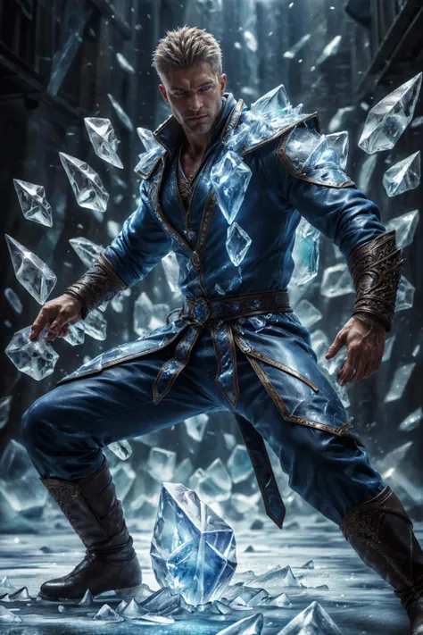 realistic, ((masterpiece)), ((best quality)), (detailed), cinematic, dynamic lighting, soft shadow, detailed background, professional photography, depth of field, intricate, detailed face, subsurface scattering, realistic hair, realistic eyes, muscular, manly, photo of a handsome man, ice-shard, ice, crystal, magic, dynamic pose, fighting stance, portrait, upper body, shooting ice shards from hand,