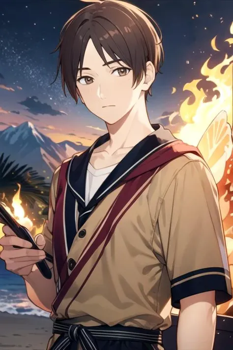 masterpiece, best quality, game cg, 1boy, solo, male focus, looking at viewer, upper body, , <lora:hayate_ichikura:0.66>, hayate_ichikura, brown hair, brown eyes, luau costume, The Mountain of Fire,