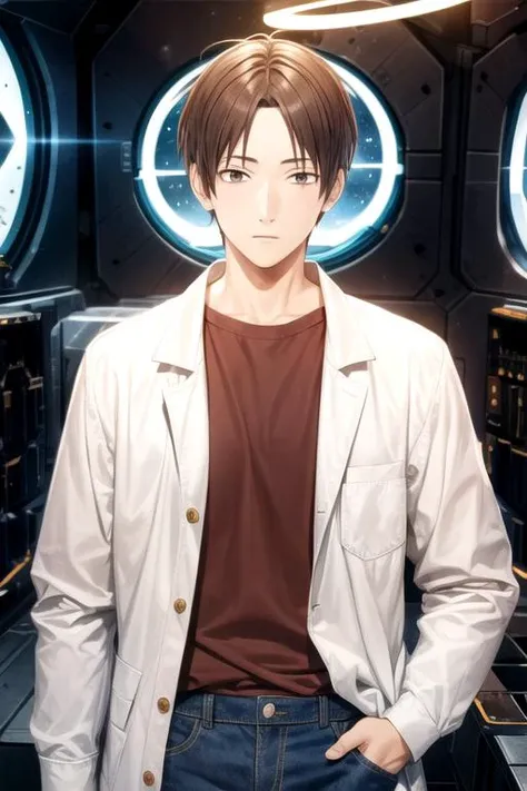 masterpiece, best quality, , 1boy, solo, male focus, looking at viewer, , depth of field, <lora:hayate_ichikura:0.72>, hayate_ichikura, brown hair, brown eyes, denim shirt, , science fiction space opera,