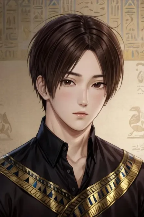 masterpiece, best quality, wallpaper, 1boy, solo, male focus, looking at viewer, , depth of field, <lora:hayate_ichikura:0.72>, hayate_ichikura, brown hair, brown eyes, egyptian costume, ,