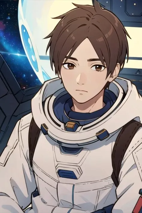 masterpiece, best quality, , 1boy, solo, male focus, looking at viewer, upper body, , <lora:hayate_ichikura:0.68>, hayate_ichikura, brown hair, brown eyes, , science fiction space western, 2k resolution