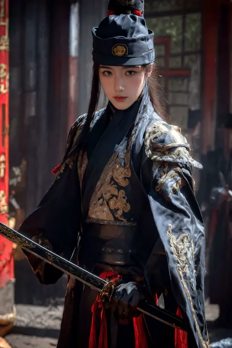 xuer Embroidered Uniform Guard,solo focus,wearing embroidery traditional chinse suit,Dynamic Angle,Perspective,black beanie hat,
1boy,solo,the_best_light,handsome_male,facing viewer,holding sword,black gloves,shoulder armor,
<lora:~Q?-&cSk xuer Embroidered Uniform Guard:0.8>,
