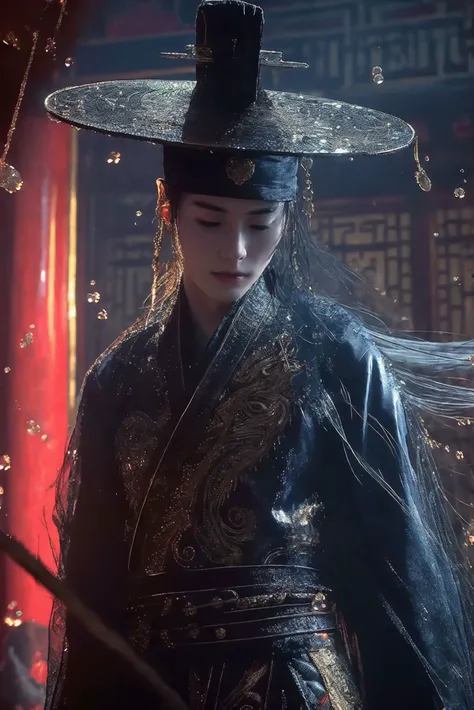wearing embroidery traditional chinse suit,Dynamic Angle,Perspective,realistic,glowing,
xuer Embroidered Uniform Guard,solo,closed eyes,long hair,hat,blurry,facing viewer,black hair,blurry background,red lips,closed mouth,long sleeves,upper body,black headwear,depth of field,
1boy,male focus,solo,handsome_male,
<lora:~Q?-&cSk xuer Embroidered Uniform Guard:0.8>,
