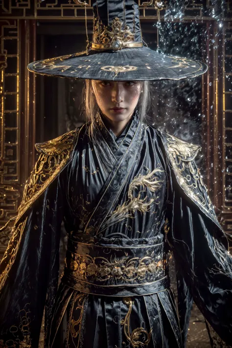 (Highest picture quality), (ultra-detailed), (sharp focus), (close-up), (depth of field:1.3), RAW, realistic, (colorful, vivid colors:1.1), (masterpiece), (best quality), photorealistic, absurdres, (highres), BREAK, ((1boy)), (a chinese man), solo, looking at viewer, 18 years old, (detailed skin, detailed face, detailed intricate iris, nice hands, perfect hands:1.3), (intricate details), (maximum details), (delicate), (hand of Guido Daniele:1.4), BREAK, (beautiful detailed glow:1.2), (cinematic lighting), (rim lighting:1.4), (two tone lighting:1.3), (reflection, refraction:1.2), (Rembrandt lighting:1.4), (Rule of thirds:1.3), (light play, shadow play:1.3), (glamour photography, cinematic, film grai, anime aesthetic), (diffused lighting, bokeh, lens flare, light particles:1.2), (dynamic lighting), ray tracing, volumetric lighting, (dramatic lighting), (explosive light and shadow:1.2), (Dynamic Pose, Dynamic Angle:1.2), (moody lighting), BREAK, wearing embroidery traditional chinse suit, Perspective, glowing, (wide shot, wide-angle lens, Panoramic:1.2), xuer Embroidered Uniform Guard, (lantern:1.3), blurry, (White hair:1.4), east asian architecture, long sleeves, wide sleeves, architecture, (paper lantern:1.3), blurry foreground, indoors, the_best_light, handsome_male, (holding sword:1.1), black gloves, shoulder armor, water, (hat:1.4), scroll, lattice, petals, blurry background, scar, scar on face, (fire, bonfire:1.4), (Real water, Realistic water, flowing water:1.1), ripples, dragon, male focus, (grey hair:1.4), (thin:1.2), tall, night sky, starry sky, (dynamic action:1.4), (dynamic, jumping, motion blur:1.4), (soft light passing through hair, light patterns on skin:1.2), full body, BREAK, (human anatomy, golden ratio:1.1), BREAK, <lora:GoodHands-beta2:1>, <lora:neg4all_bdsqlsz_V3.5:1>, <lora:epiNoiseoffset_v2-pynoise:2>, <lora:add_detail:0.4>, <lora:more_details:0.4>, <lora:~Q?-&cSk xuer Embroidered Uniform Guard:0.8>