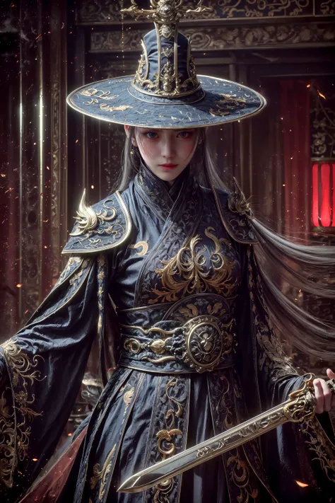 (Highest picture quality), (ultra-detailed), (sharp focus), (close-up), (depth of field:1.3), RAW, realistic, (colorful, vivid colors:1.1), (masterpiece), (best quality), photorealistic, absurdres, (highres), BREAK, ((1girl)), (a chinese woman), solo, looking at viewer, 18 years old, (detailed skin, detailed face, detailed intricate iris, nice hands, perfect hands:1.3), (intricate details), (maximum details), (delicate), (hand of Guido Daniele:1.4), BREAK, (beautiful detailed glow:1.2), (cinematic lighting), (rim lighting:1.4), (two tone lighting:1.3), (reflection, refraction:1.2), (Rembrandt lighting:1.4), (Rule of thirds:1.3), (light play, shadow play:1.3), (glamour photography, cinematic, film grai, anime aesthetic), (diffused lighting, bokeh, lens flare, light particles:1.2), (dynamic lighting), ray tracing, volumetric lighting, (dramatic lighting), (explosive light and shadow:1.2), (Dynamic Pose, Dynamic Angle:1.2), (moody lighting), BREAK, (from below:1.2), (White hair, grey hair, blue eyes:1.4), (contemptuous, disdain, disgust, chill expression:1.3), wearing embroidery traditional chinse suit, Perspective, glowing, (wide shot, wide-angle lens, Panoramic:1.2), xuer Embroidered Uniform Guard, (lantern:1.3), blurry, east asian architecture, long sleeves, wide sleeves, architecture, (paper lantern:1.3), blurry foreground, indoors, the_best_light, (holding sword, long sword, fighting with swords:1.3), shoulder armor, (hat:1.4), scroll, lattice, blurry background, (fire, flame, smoke:1.1), (thin, narrow waist, medium breasts, blush:1.2), night sky, (dynamic action, motion blur:1.4), (soft light passing through hair, light patterns on skin:1.2), full body, BREAK, (human anatomy, golden ratio:1.1), BREAK, <lora:GoodHands-beta2:1>, <lora:neg4all_bdsqlsz_V3.5:1>, <lora:epiNoiseoffset_v2-pynoise:2>, <lora:add_detail:0.4>, <lora:more_details:0.4>, <lora:~Q?-&cSk xuer Embroidered Uniform Guard:0.8>,  <lora:makina69_winter_v2.0.1:0.3>, <lora:nevon:0.2>, <lora:FilmVelvia3:0.2>, <lora:hipoly_3dcg_v7-epoch-000012:0.2>, <lora:egyiren-v1:0.3>, egyiren