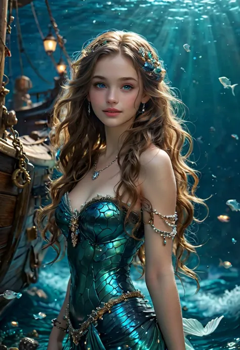 (medium full shot) of (dazzling mermaid) young woman, fair skin, long flowing hair, deep ocean teal delicate fluke, glittery highlighter, wearing a pearl bracelet, set in  a mysterious shipwreck, with rusted hulls, hidden treasures, curious fish, and an air of adventure , at night, woman smiling, ,Masterpiece,best quality, photo, realistic, very aesthetic, detailed face,