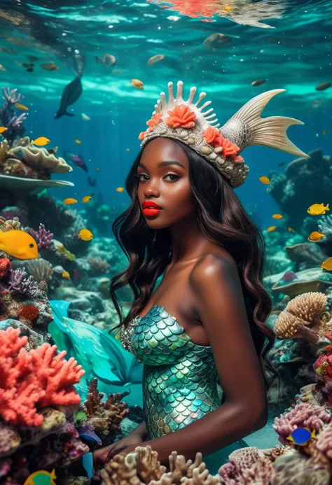 (ethereal mermaid) young woman, dark skin, loose and wild, seafoam green jeweled tail fin, red lipstick, wearing a coral headpiece, set in  a colorful ocean floor, with vibrant corals, curious fish, playful sea turtles, and a lively ambiance, ,Masterpiece,best quality, very aesthetic