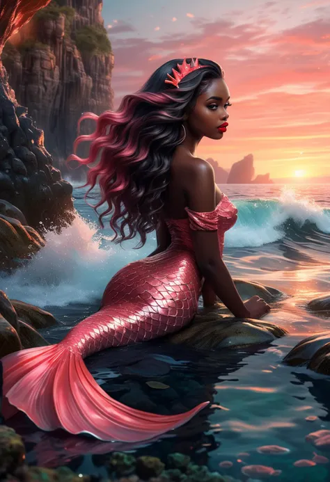 (mystical mermaid) young woman, dark skin, wavy hair, coral pink flowing tail fin, red lipstick, glittering hair comb, set in  a rocky ocean floor, featuring rugged terrain, diverse marine life, a tranquil setting, and hidden caves, during sunset, ,Masterpiece,best quality, very aesthetic