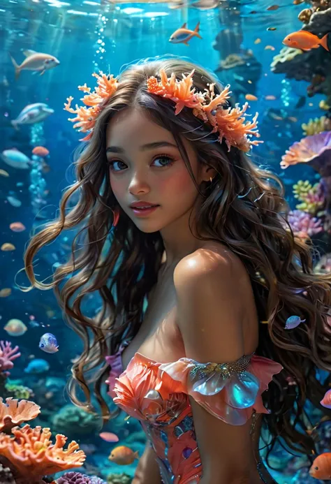 (medium full shot) of (ethereal mermaid) young woman, caramel skin, long flowing hair, coral pink delicate fluke, iridescent eyeshadow, oceanic armband, set in  a lively coral reef, with bright corals, curious sea creatures, playful dolphins, and a lively underwater environment, at night, woman smiling, ,Masterpiece,best quality, photo, realistic, very aesthetic, detailed face,