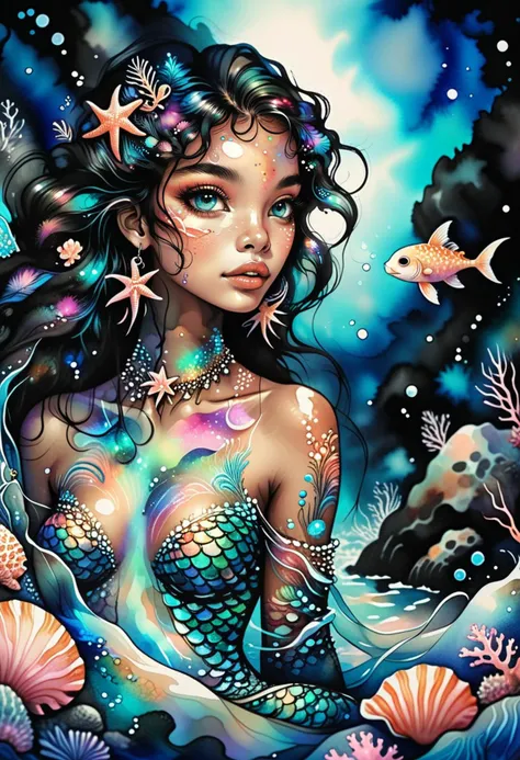 illustration, (radiant mermaid) young woman, caramel skin, adorned with seashells, aqua split tail fin, iridescent eyeshadow,pink lipstick, starfish earrings,seaweed anklet, set in a colorful ocean floor, with vibrant corals, curious fish, playful sea turtles, and a lively ambiance, at night, illusion, black ink, washed-out, ink smears, ink splashes, intricate details, ultra sharp, Exquisite detail, flawless composition, masterpiece, monochrome