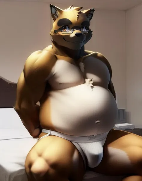 (((detailed eyes, detailed face))), (anthro, konosuke <lora:konosuke:1>, glasses), male, (solo), (plump, belly, chubby, overweight), (white jockstrap <lora:bulge_white_jocks_findigo_v2:1>, topless), sitting, arms behind back, smile, (by bna_v5, by inkudoragoon, by kicktyan) BREAK full body, bedroom, (soft shading), 8k, UHD, masterpiece