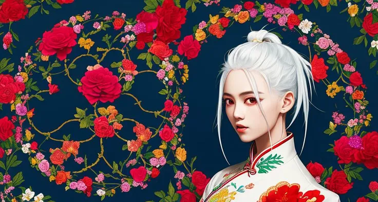 (masterpiece), (high detail),(ultra-detailed), featuring flowers and circles, blue background, multiple scattered and arranged flowers, blue and red and yellow and green color scheme, traditional chinese pattern, with square symmetrical composition,(1girl,white hair), <lora:conewloha06_old1:0.8:XYZ>