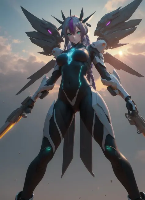 best quality,highly detailed, ultra-detailed, masterpiece, 8k wallpaper,white theme, (1girl:1.3),purple hair,braid,green eyes,glowing,happy,long hair,full body,full,large breasts, ((mecha musume:1.5)), mechanical arms, standing, wings, cowboy shot, stocking,black pantyhose,(from below:1.2), ((bodysuit:1.2)), shy,looking at viewer, (blue sky), sunset, cloud,sunlight,closed mouth,