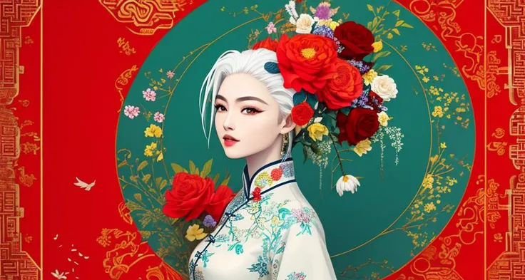(masterpiece), (high detail),(ultra-detailed), featuring flowers and circles, blue background, multiple scattered and arranged flowers, blue and red and yellow and green color scheme, traditional chinese pattern, with square symmetrical composition,(1girl,white hair), <lora:conewloha06_old1:0.8:XYZ>