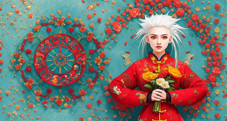 (masterpiece), (high detail),(ultra-detailed), featuring flowers and circles, blue background, multiple scattered and arranged flowers, blue and red and yellow and green color scheme, traditional chinese pattern, with square symmetrical composition,(1girl,white hair), <lora:conewloha06_old1:0.8:XYZ>