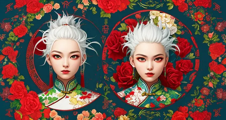 (masterpiece), (high detail),(ultra-detailed), featuring flowers and circles, blue background, multiple scattered and arranged flowers, blue and red and yellow and green color scheme, traditional chinese pattern, with square symmetrical composition,(1girl,white hair), <lora:conewloha06_old1:0.8:XYZ>