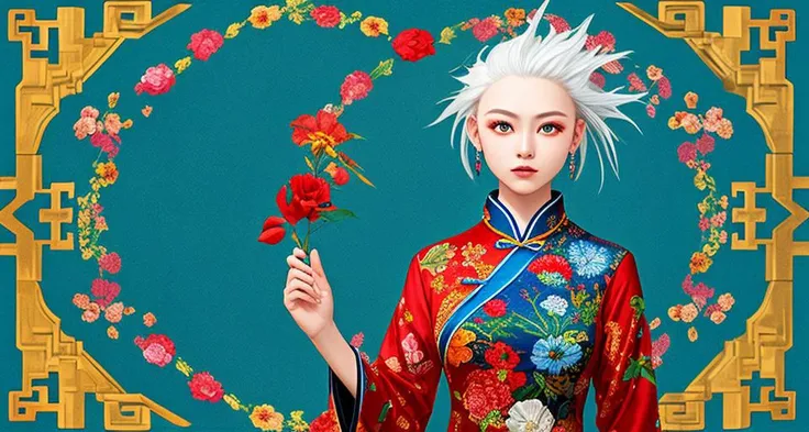 (masterpiece), (high detail),(ultra-detailed), featuring flowers and circles, blue background, multiple scattered and arranged flowers, blue and red and yellow and green color scheme, traditional chinese pattern, with square symmetrical composition,(1girl,white hair), <lora:conewloha06_old1:0.8:XYZ>