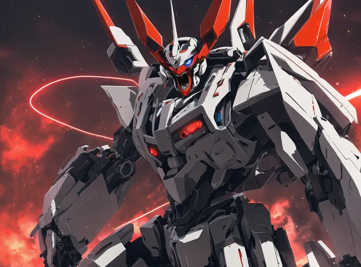 dramatic angle,dynamic angle,an extremely delicate and beautiful mecha, 8k wallpaper,masterpiece,best quality,((solo focus, :1.2)),mecha,glowing eyes, mecha horns,open mouth, {monster},city, building, night,night sky, black theme,red theme,((realistic:1.2)), eva_01