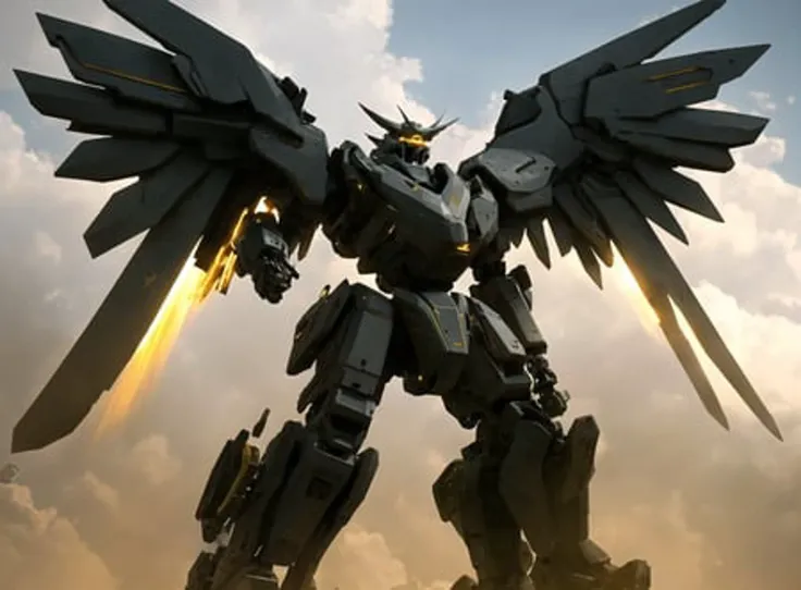 dramatic angle,dynamic angle,an extremely delicate and beautiful mecha, 8k wallpaper,masterpiece,best quality,illustration,mecha,black+gold mechanical body, science_fiction, glowing, holding_gun, no_humans, realistic, red_eyes, solo, open_hand, wings, full_body, mechanical_wings, standing, glowing_eye, weapon, cloud, glowing_eyes, jet, day, ((flying:1.2)),sunbeam, sunlight,realistic, broken,dust,smoke,floating mecha