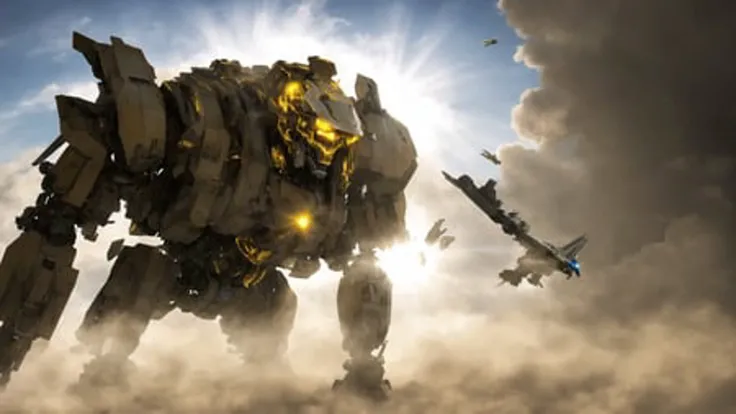 dramatic angle,dynamic angle,an extremely delicate and beautiful mecha, 8k wallpaper,masterpiece,best quality,illustration,mecha,black+gold mechanical body, science_fiction, glowing, no_humans, realistic, red_eyes, solo, open_hand, wings, full_body, mechanical_wings, standing, glowing_eye, weapon, cloud, glowing_eyes, jet, day, ((flying:1.2)),sunbeam, sunlight,realistic, broken,dust,smoke,floating mecha