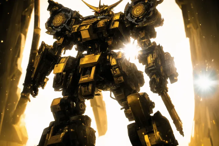 Dramatic angle, wide shot, beautiful mecha, towering, high angle shot, massive, metallic body, intricate details, powerful, imposing, cinematic lighting, lens flare, golden accents, high contrast, wide aperture, blurred foreground, tripod, DSLR camera