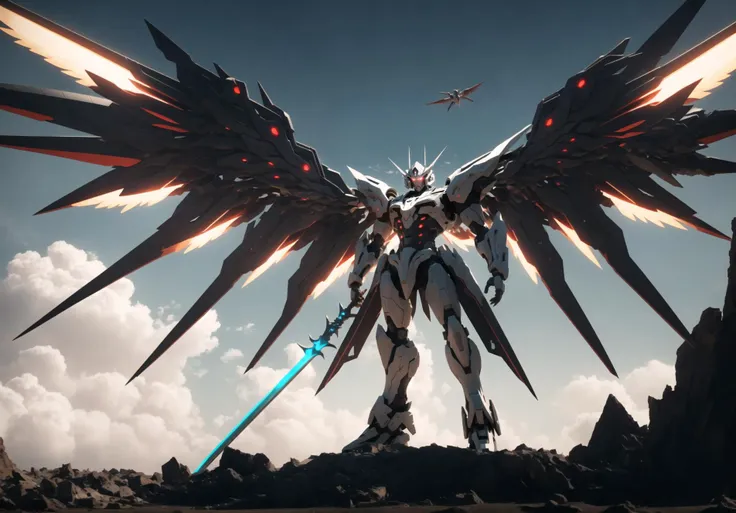 dramatic angle,dynamic angle,an extremely delicate and beautiful mecha, 8k wallpaper,masterpiece,best quality,illustration,mecha, science_fiction, glowing, holding_sword, no_humans, realistic, red_eyes, solo, open_hand, wings, full_body, mechanical_wings, standing, glowing_eye, weapon,  cloud, glowing_eyes, jet, day, sword