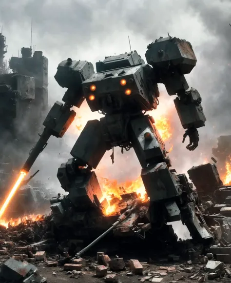 marpiece,Volumetric Lighting, best quality, ((1980s_\(style\):1.4)), mecha,cannon, damaged, dated, debris, dirty, glowing, machinery, no_humans, realistic, retro_artstyle, robot, science_fiction,(( traditional_media:1.2)),tank,war,fire