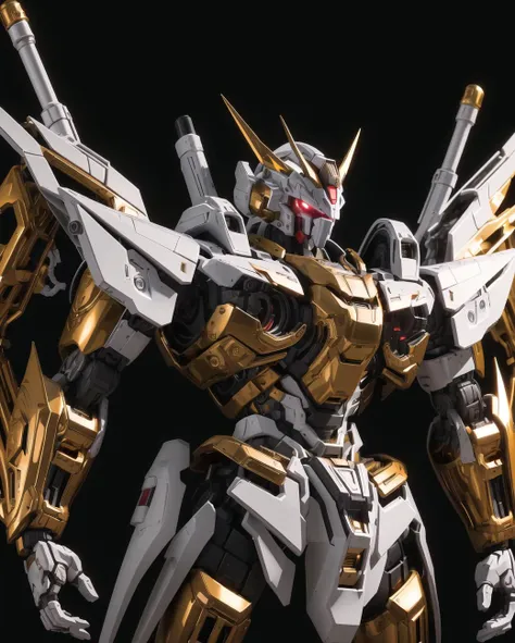 ((masterpiece)), (((best quality))), ((ultra-detailed)), ((illustration)), dynamic angle,yellow,gold body,black,red,transparent background, cowboy shot, ((solo)), mecha, looking at viewer,standing, weapon,v-fin,(from side), mechanical head, Cannon,glowing, spikes, ((from above:1.2)),realistic