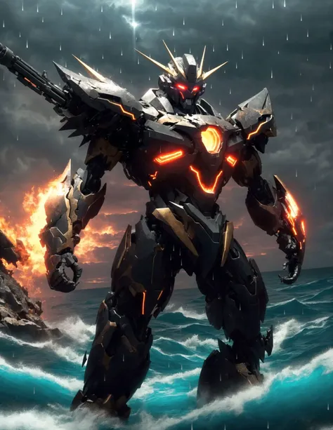 ((masterpiece)), (((best quality))), ((ultra-detailed)), ((illustration)), mecha,sunrise,sunlight,ocean,fire cloud,((night)),((dark)),dynamic angle,red,gold body, red eyes,cowboy shot, ((solo)), mecha, looking at viewer,standing, weapon,v-fin,(from side), mechanical head, Cannon,glowing, spikes, ,realistic,rim light, (Moody Lighting:1.2), ((Volumetric Lighting:1.2)),dark,((strong Lighting:1.4)),glowing eyes, ((standing on sea:1.2)), ((rain)),((broken)), ,aqua