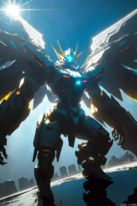 1 gundam robot crouching, glowing eyes, glowing armor,white mecha, wings, zhongfenghua, cannons, ((cinematic lighting, high key, high contrast, )) (reflective , hard surface, omit details, ) , cyberpunk neon light, masterpiece, high quality, dynamic angle, dynamic pose , weapon, (photorealistic:1.5) depth of field, sunny blue sky, sunlight, lens glare, bright,pov from top
<lora:zhongfenghuaxiyou-000018:0.7> <lora:add_detail:-1>