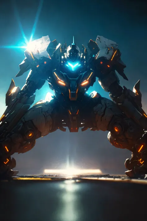 1 gundam robot crouching, glowing eyes, glowing armor,white mecha, zhongfenghua, cannons, ((cinematic lighting, high key, high contrast, )) (reflective , hard surface, omit details, ) , cyberpunk neon light, masterpiece, high quality, dynamic angle, dynamic pose , weapon, (photorealistic:1.5) depth of field, sunny blue sky, sunlight, lens glare, bright,pov from top 
 <lora:zhongfenghuaxiyou-000018:0.7>