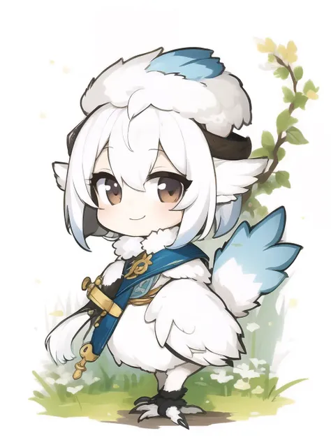 masterpiece illustration of a white chibi silkie harpy girl with a white background, fluffy tail, smile, full body, tachi-e <lora:standingFullBodyWithBackgroundStyle_v10Offset:1> <lora:silkies-v0.3:1>