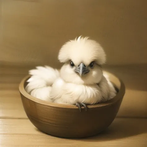 (traditional media), baby silkie chicken, brown feathers, <lora:silkies-v0.2:1>