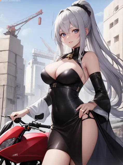 8k, masterpiece, highly detailed, solo, beautiful woman,
Island,
crane shot,
posing with a motorcycle,
furled brow,
bell sleeve top,
Pompadour,
silver hair,