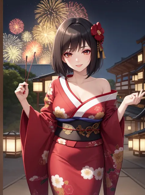 8k, masterpiece, highly detailed, solo, beautiful mature woman with a black bob cut, eyeshadow,
dark night, fireworks, high dynamic range,
japanese festival,
over shoulder,
seductive smile, side eye,
floral kimono with large obi bow