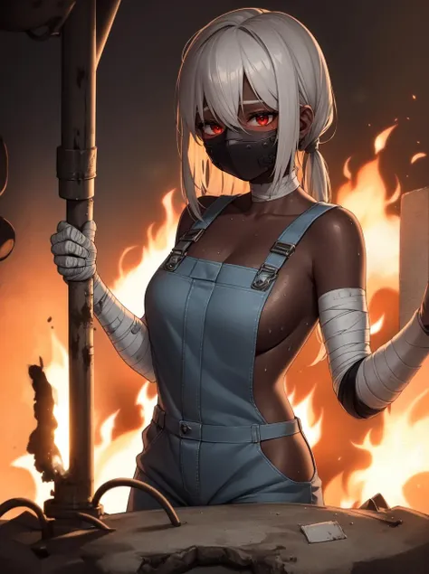 8k, masterpiece, highly detailed, solo, ((beautiful blacksmith girl working a forge)), (molten metal), flames, ((dirty skin)), (ash),
heat haze, hot, (sweating), ((bandages)), (coveralls), bellows, looking at another, disctracted,