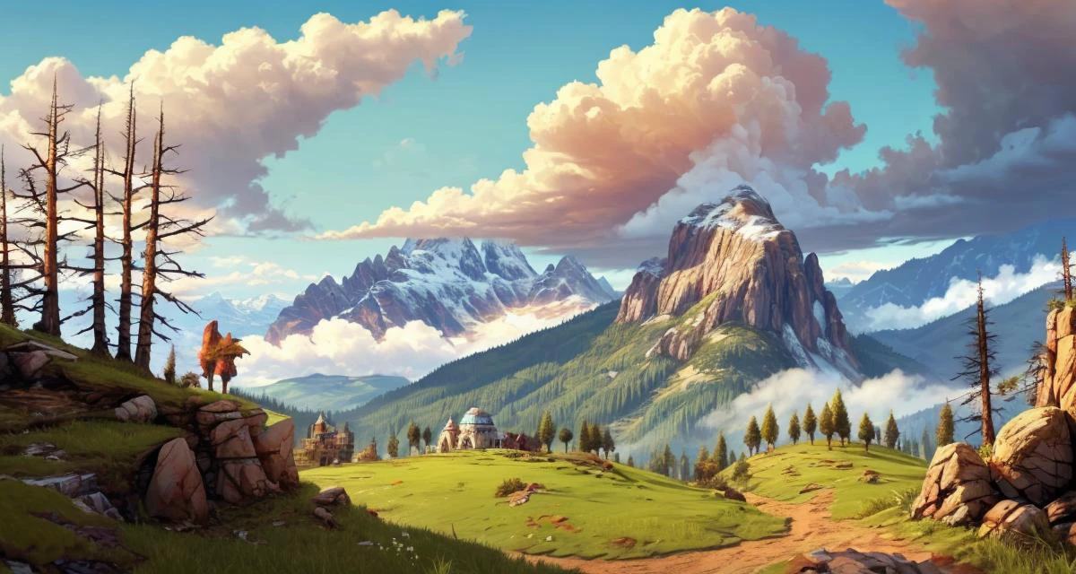 <lora:philipp_urlich:0.80> outdoors, scenery, cloud, no humans, cloudy sky, tree, landscape, mountain,
<lora:Wasteland:0.75> Wasteland, the, and, with, wasteland, background, city ruins, designed by Pablo Munoz Gomez, wallpaper art of a best quality, ("The City of Nature":1.2) , Relaxed, emotional, flora