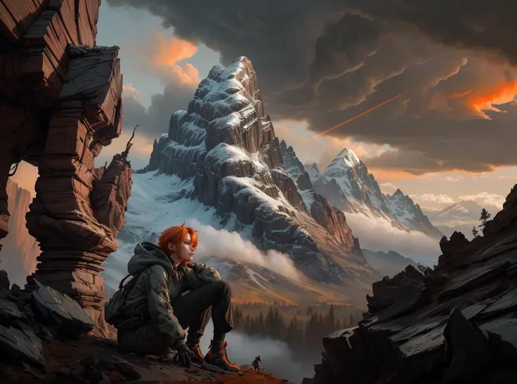 <lora:philipp_urlich:0.70> outdoors, scenery, cloud, no humans, cloudy sky, tree, landscape, mountain,
, by Ed Blinkey, Atey Ghailan, Jeremy Mann, Greg Manchess, Antonio Moro,
(1woman:1.1), detailed sci-fi explorer attire, (dyed orange hair), (detailed face),
(hyperdetailed:1.2) , (Photorealistic:1.2) , analog style, (detailed background visible:1.2) , (crafted style) (detailed hyperrealism) , (captivating photograph:1.1) , (crafted style) (detailed hyperrealism) , (At heart composition) , (captivating photograph:1.1) , (overwhelming:1.1)