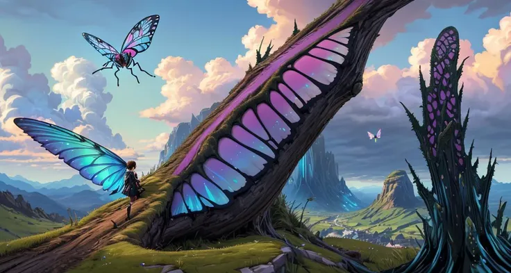 <lora:philipp_urlich:0.70> outdoors, scenery, cloud, no humans, cloudy sky, tree, landscape, mountain,
, anime by Makoto Shinkai, (insect:1.2) , (iridescent shimmering wings:1.3) ,
, wearing Duchess Lace and Sable Fur no clothes, Raining, stylized by Tyler Edlin, Paul Catherall, backgrounds, blue sky, anime poster, innocence, manga, cityscape, bold colors, (hyperdetailed:1.2) , (Photorealistic:1.2) , analog style, (detailed background visible:1.2) , (crafted style) (detailed hyperrealism) , (captivating photograph:1.1)