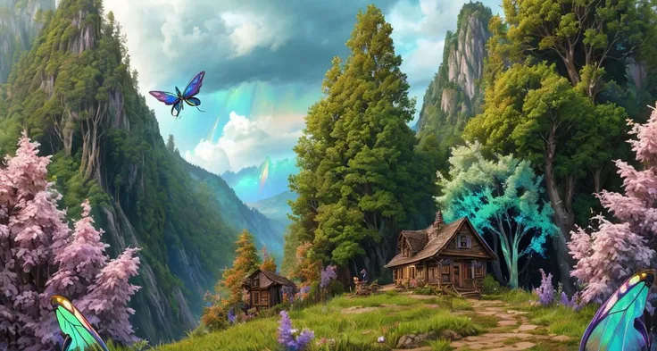 <lora:philipp_urlich:0.65> outdoors, scenery, cloud, no humans, cloudy sky, tree, landscape, mountain,
, fantasy concept art, (insect:1.2) , (iridescent shimmering wings:1.3) , and bakery, it is dressed in Fairy-Tale fashion style no clothes, at Midday, Depth of field 100mm, League of Legends Splash Art, digital artwork, illustrative, painterly, matte painting, highly detailed, D&D, avant-garde, (hyperdetailed:1.2) , (Photorealistic:1.2) , analog style, (detailed background visible:1.2) , (crafted style) (detailed hyperrealism) , (captivating photograph:1.1)