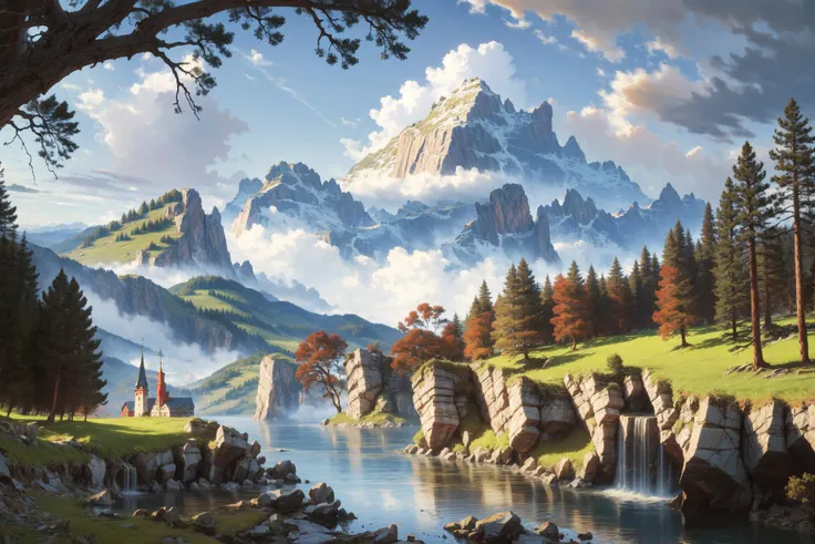 scenery, outdoors, no humans, cloud, tree, cloudy sky, mountain, nature, water, forest, day, river, blue sky, landscape, castle, <lora:philipp_urlich-000018:1>