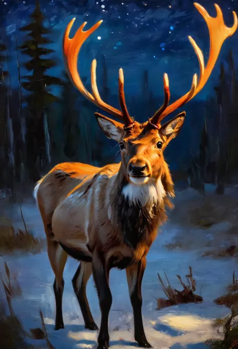 (impressionistic realism by csybgh), a beautiful AND very cute reindeer, luminescent antlers, masterpiece, 8k, ultra detailed, (impasto, palette knife painting)