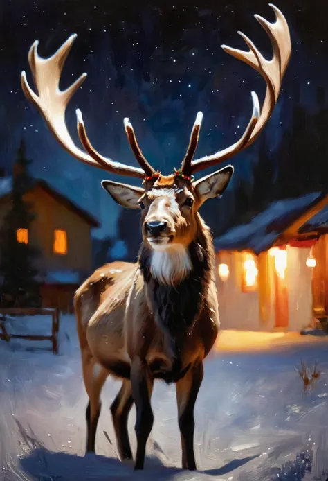 (impressionistic realism by csybgh), a beautiful AND very cute reindeer, luminescent antlers with a warm glow, masterpiece, 8k, ultra detailed, (impasto, palette knife painting)