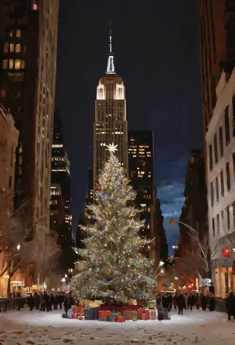 (impressionistic realism by csybgh), a large Christmas tree in New York City, snowy, winter, masterpiece, 8k, ultra detailed