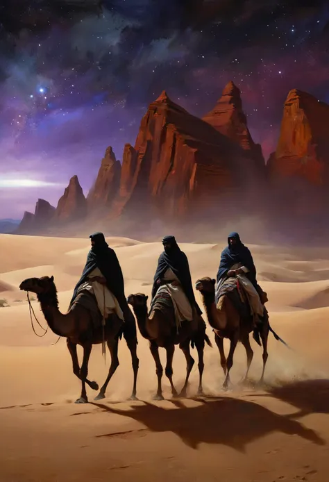 (impressionistic realism by csybgh), three magi are crossing the dessert following a mysterious star in the sky, they are riding camels, Christmas eve, (Dune AND Star Wars inspired), mysterious atmosphere, magical, arcane, ((sci-fi, advanced technology)), cinematic, masterpiece, 8k, ultra detailed, (impasto, palette knife painting, sci-fi concept art painting)